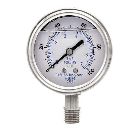 Pro 2 1/2 in Dial, 0/100 PSI & Bar, 1/4 in NPT, Lower Mount Glycerin Filled Pressure Gauge PRO-301L-254E-01